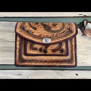 Vintage Hand Tooled Leather Shoulder Purse Handbag From Mexico